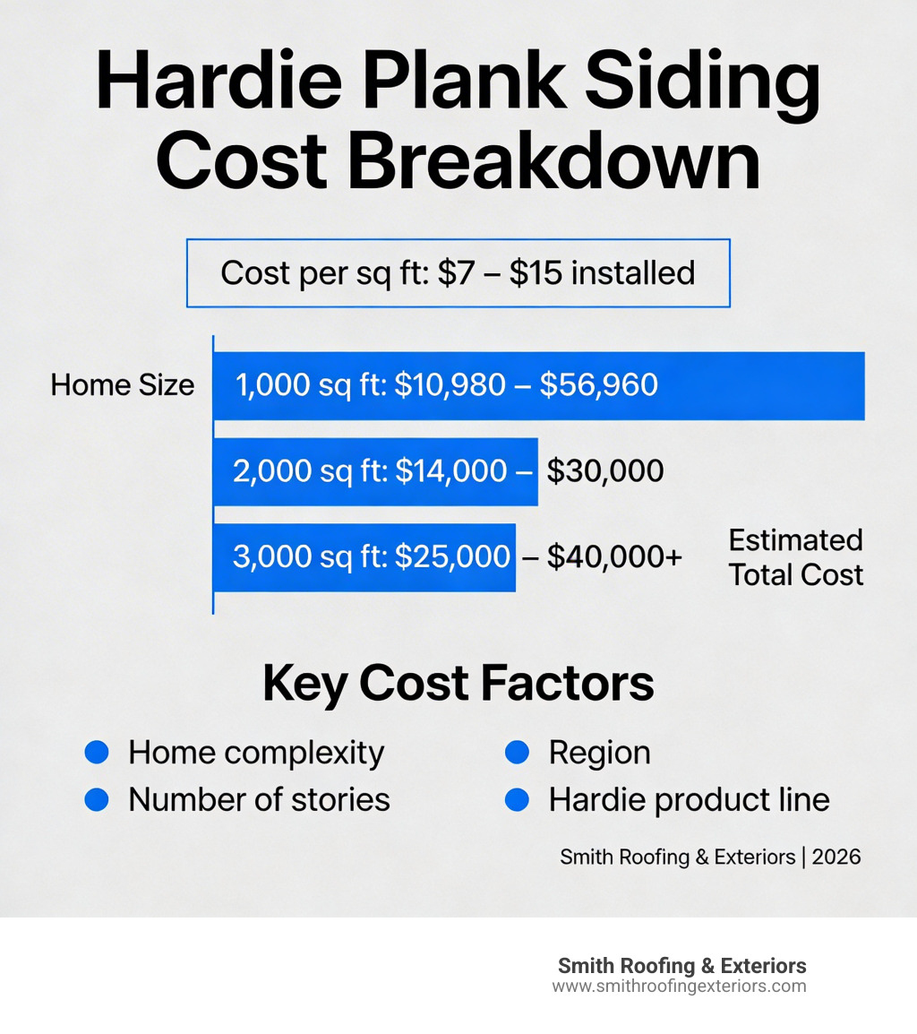 Infographic showing Hardie Plank siding cost breakdown by home size, cost per sq ft, and key cost factors - cost to reside Infographic showing Hardie Plank siding cost breakdown by home size, cost per sq ft, and key cost factors - cost to reside