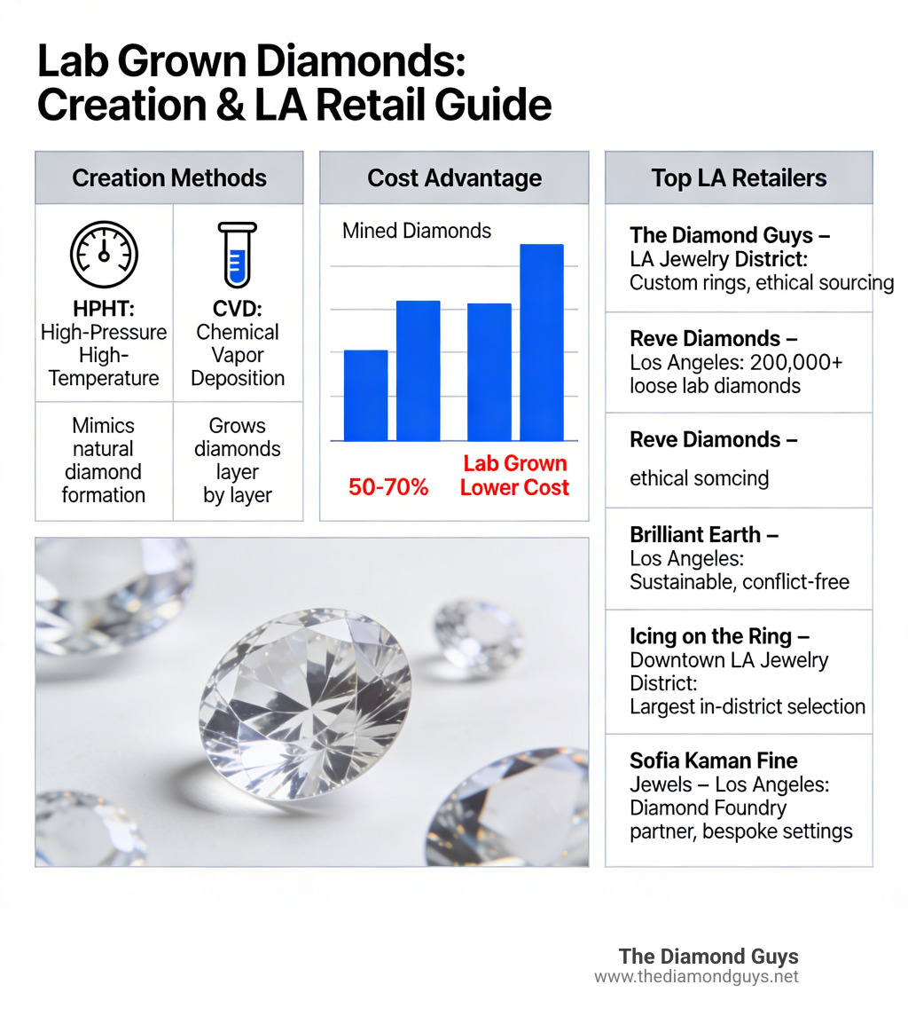 Lab grown diamond creation process infographic showing HPHT and CVD methods, cost savings, and LA retailers - Lab Grown