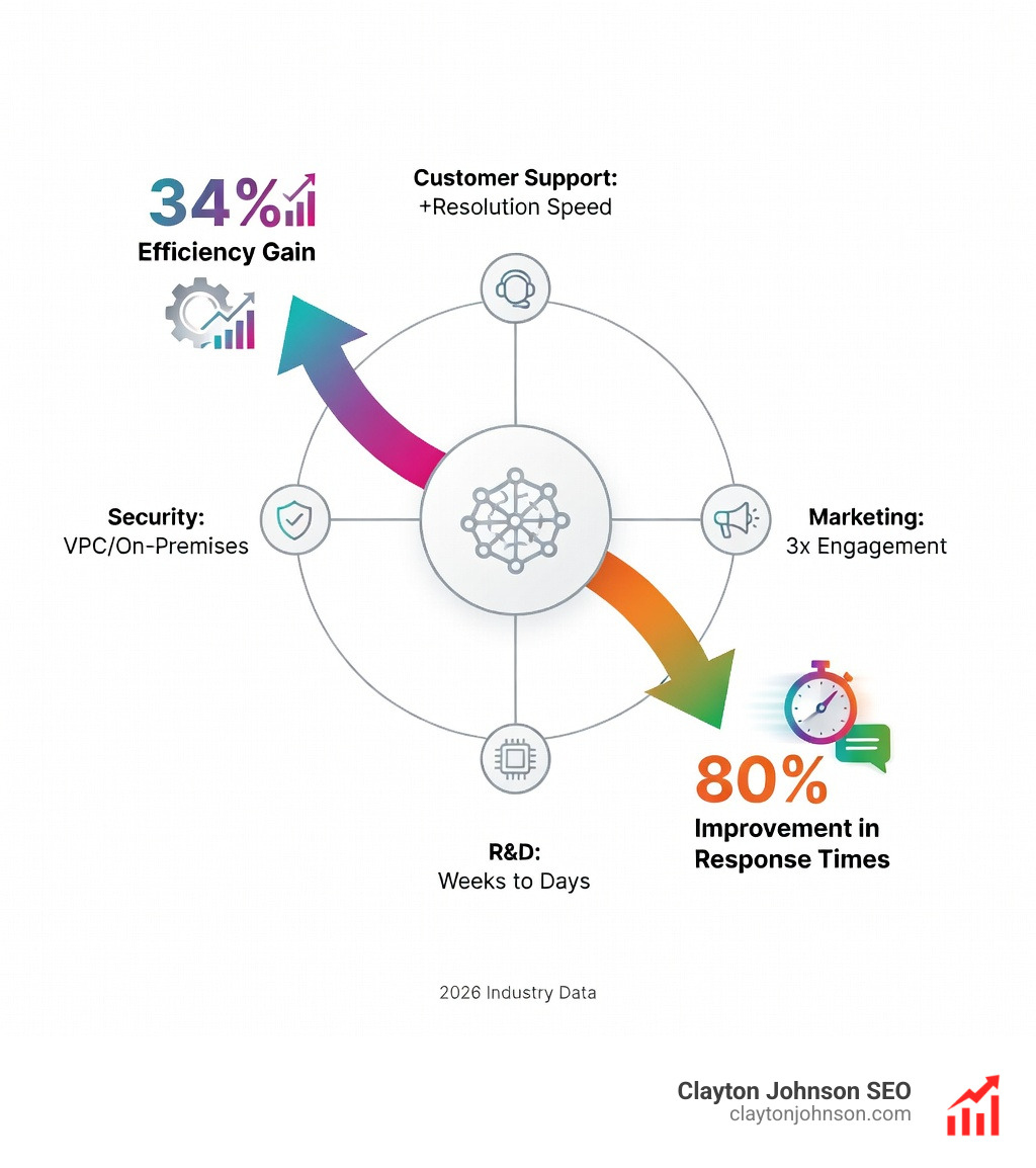 Infographic showing ROI statistics: 34% efficiency gain in productivity suites and 80% improvement in response times