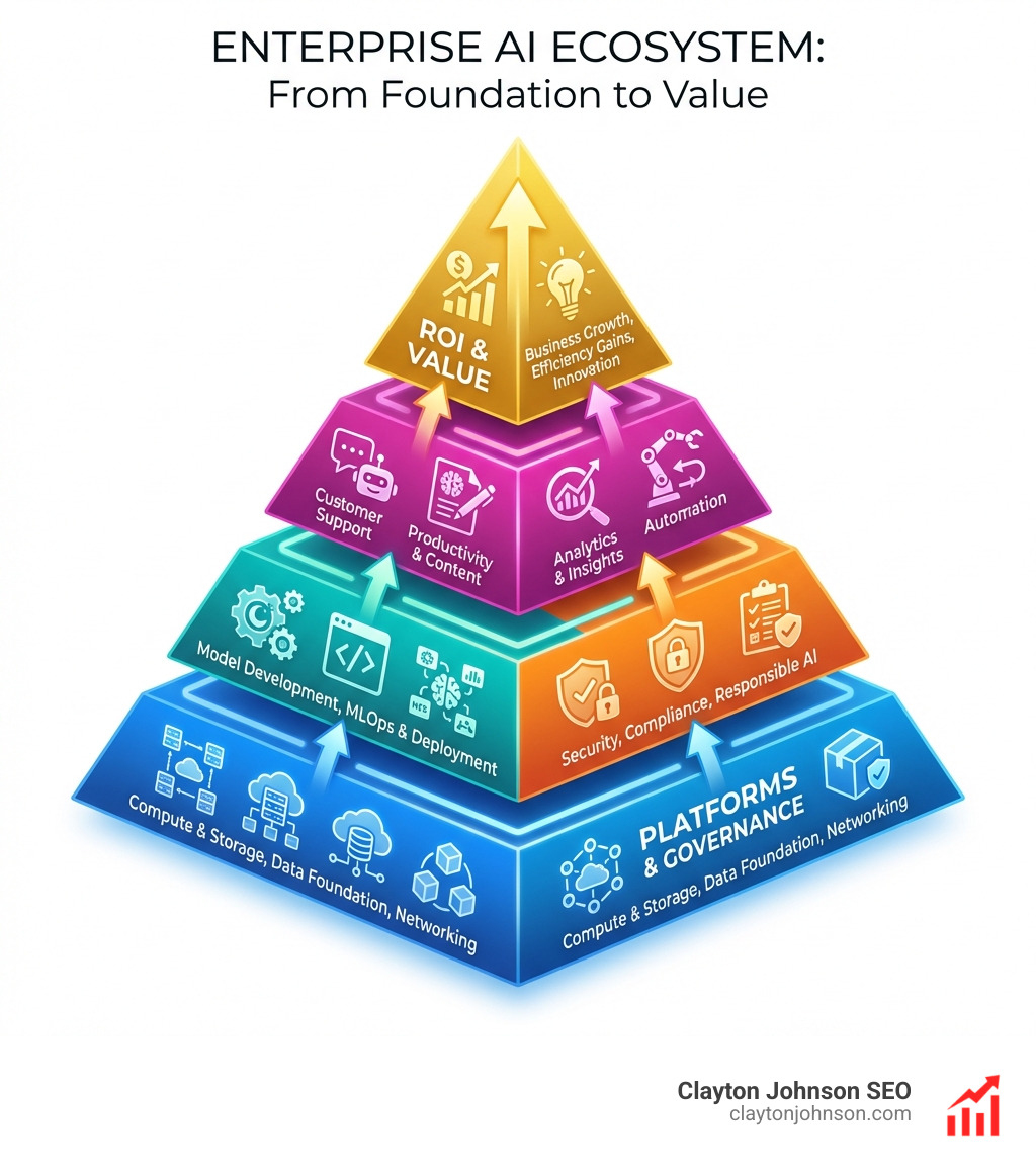 Enterprise AI ecosystem infographic showing categories from infrastructure to applications, platforms, governance, and ROI