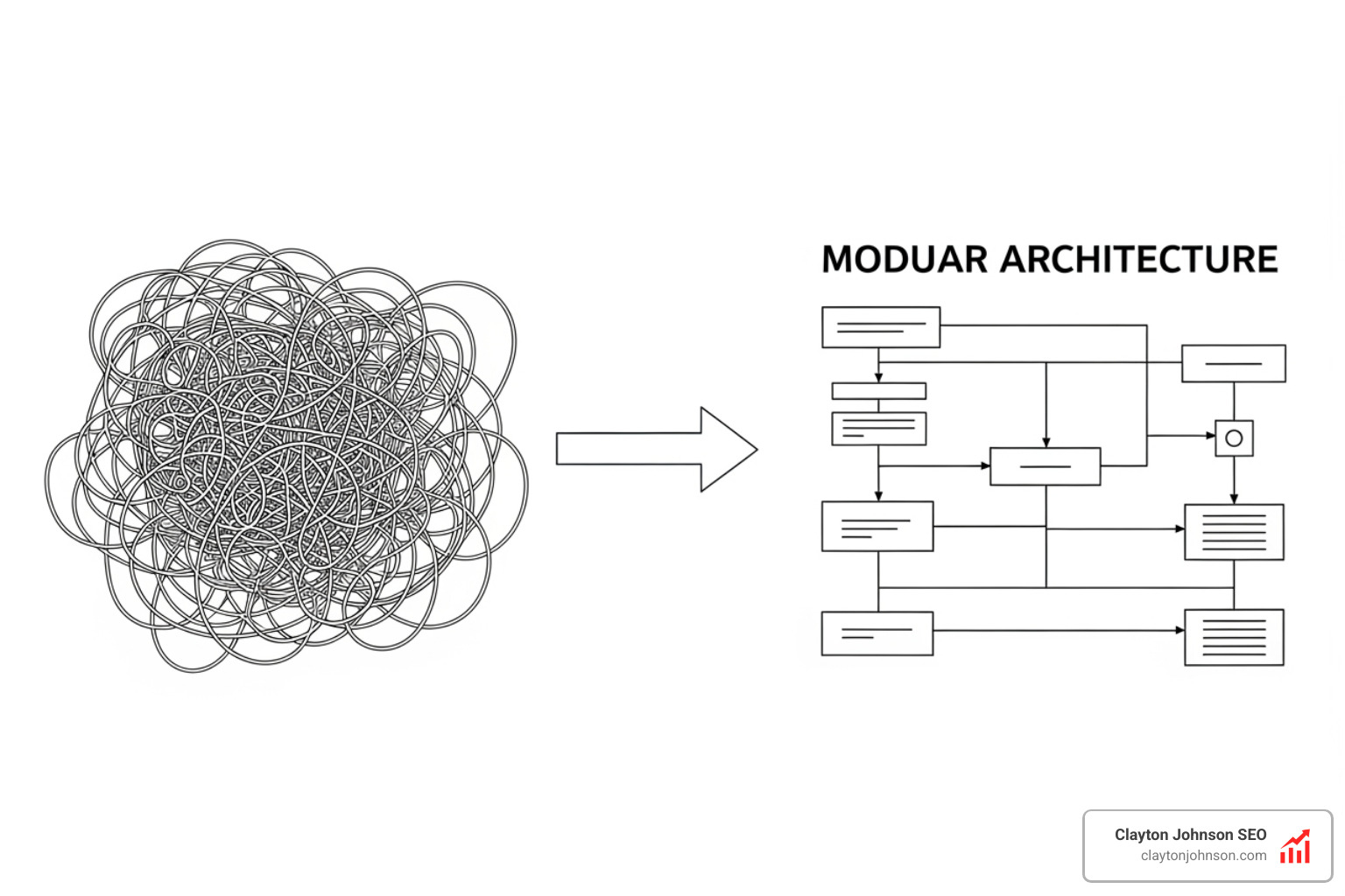 Spaghetti code being transformed into a clean, modular architecture diagram - Code refactoring with Claude AI