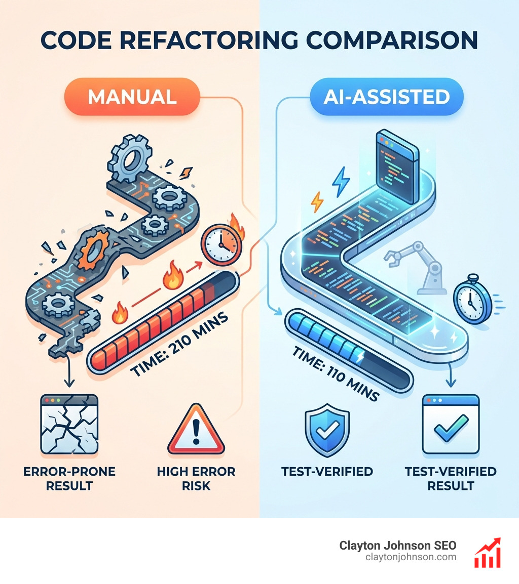 Comparison table: Manual vs AI-Assisted Refactoring. Manual: 210 mins, AI: 110 mins. Manual: High error risk, AI
