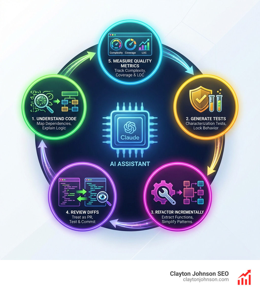 AI-assisted refactoring lifecycle: understand code, generate tests, refactor incrementally, review diffs, measure quality