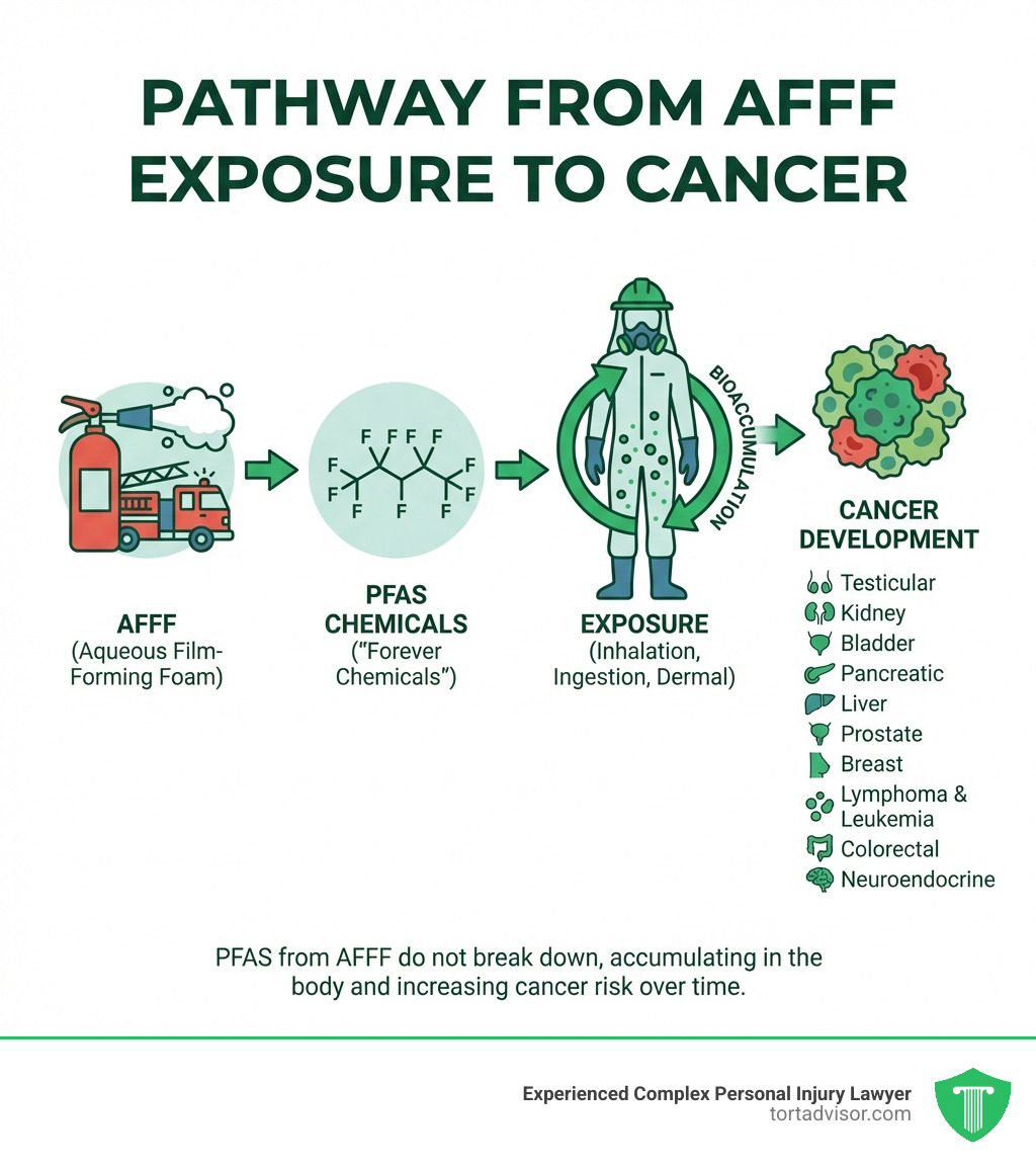 Infographic showing pathway from AFFF exposure to cancer development through PFAS chemicals - Aqueous film foam cancer Infographic showing pathway from AFFF exposure to cancer development through PFAS chemicals - Aqueous film foam cancer