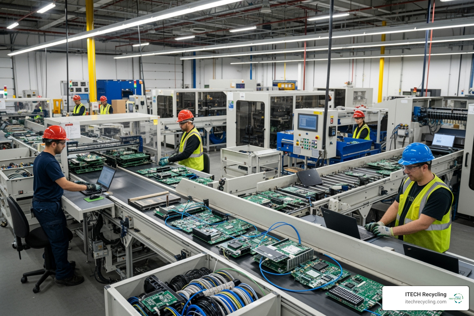 Modern electronics recycling facility with sorting lines - end-of-life electronics recycling