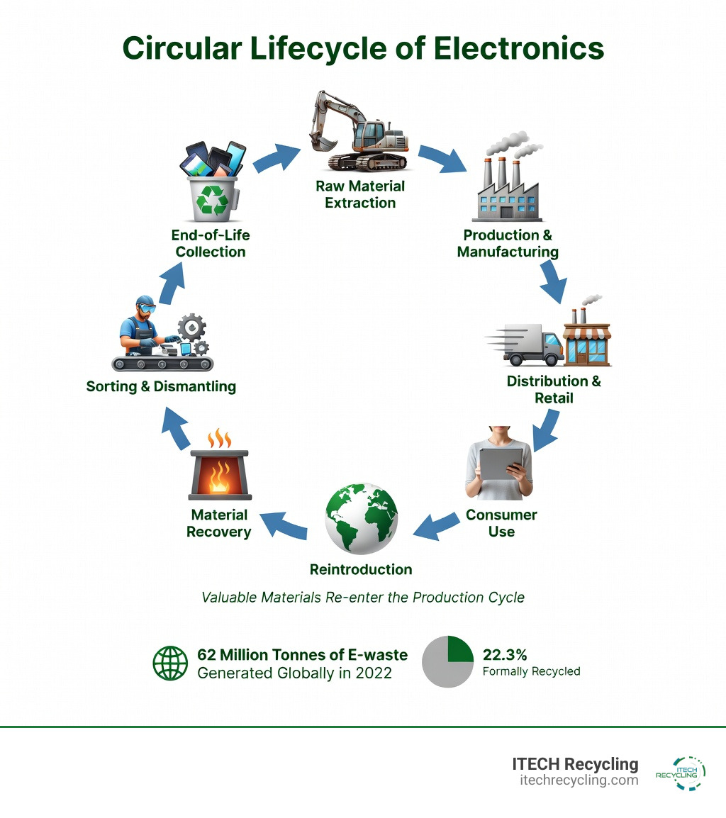 Circular lifecycle of electronics from production to recovery and recycling infographic - end-of-life electronics recycling