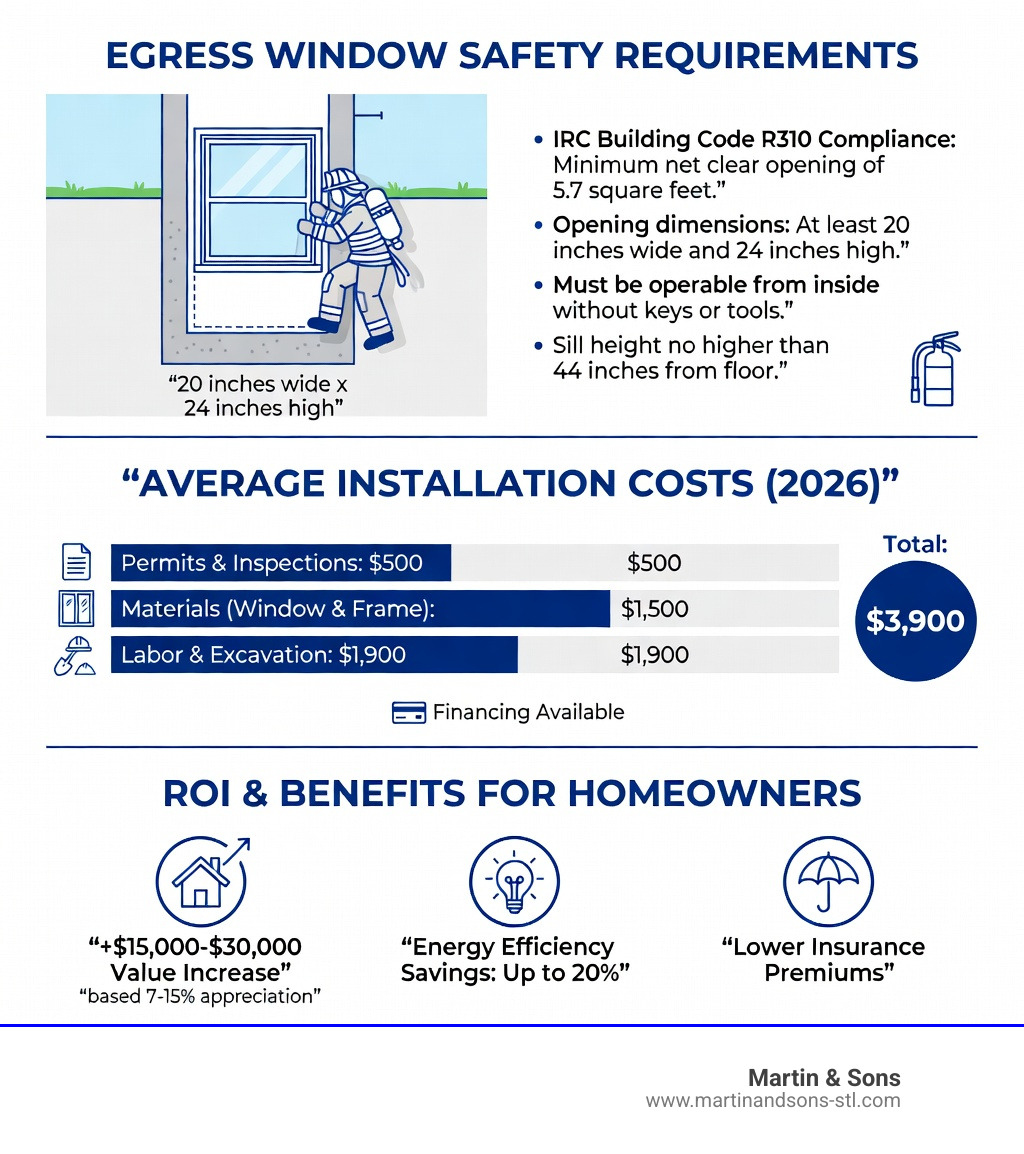 Infographic showing egress window safety requirements, average costs, and ROI benefits for homeowners - egress window Infographic showing egress window safety requirements, average costs, and ROI benefits for homeowners - egress window