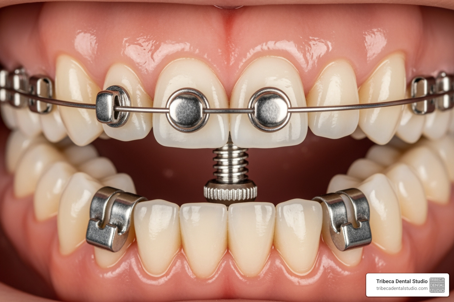 Close-up of a palatal expander appliance showing the expansion screw - orthodontic palate expander Close-up of a palatal expander appliance showing the expansion screw - orthodontic palate expander