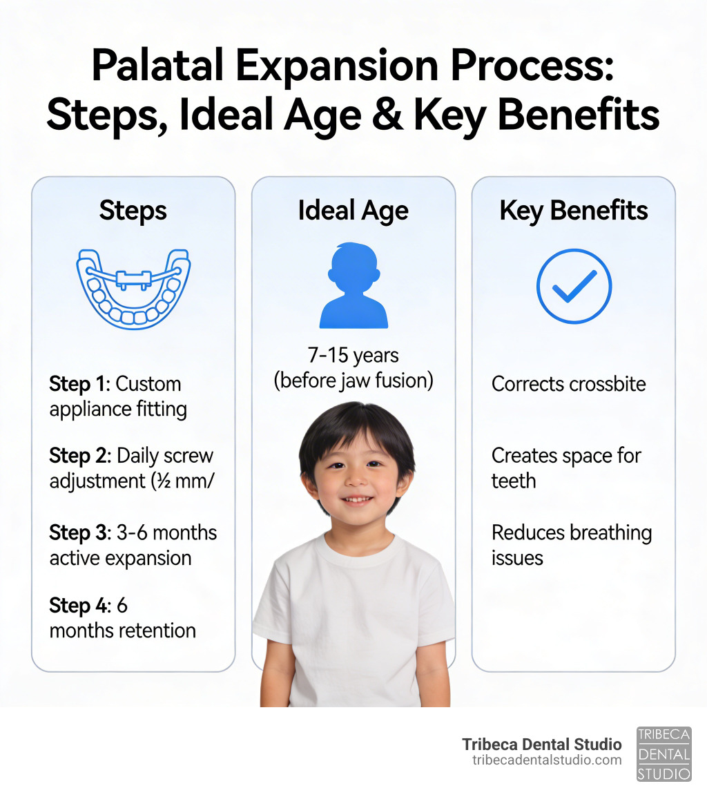 Infographic showing steps of palatal expansion process, ideal age, and key benefits - orthodontic palate expander Infographic showing steps of palatal expansion process, ideal age, and key benefits - orthodontic palate expander