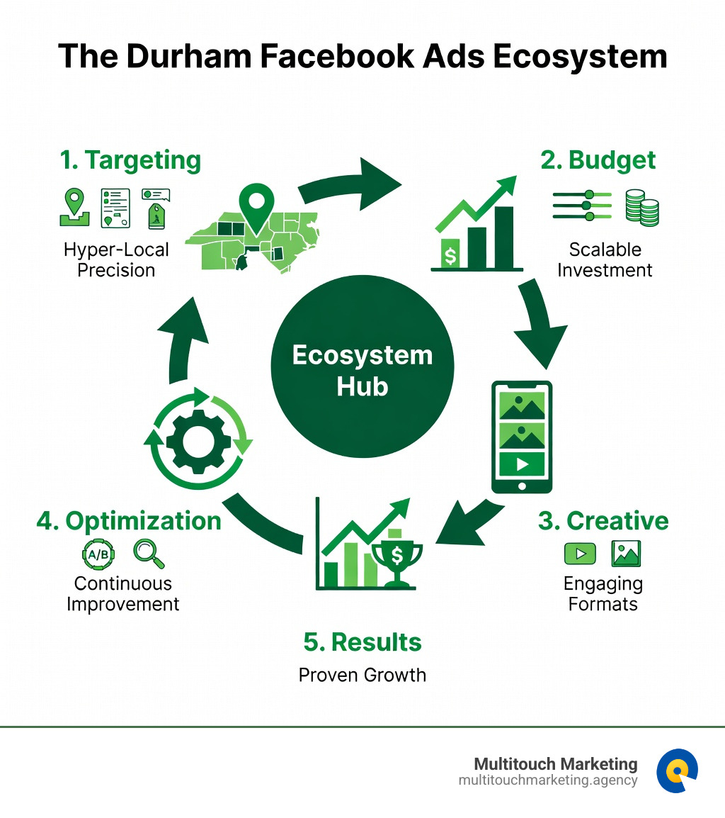 Infographic showing the Durham Facebook Ads ecosystem: targeting, budget, creative, optimization, and results - Durham Infographic showing the Durham Facebook Ads ecosystem: targeting, budget, creative, optimization, and results - Durham