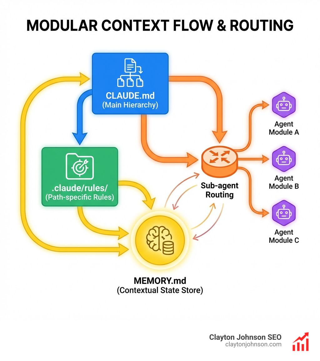 Modular context flow diagram showing CLAUDE.md hierarchy, .claude/rules/, MEMORY.md, and sub-agent routing - Claude code