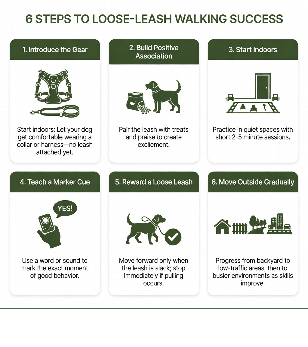 Infographic showing the 6 basic steps of loose-leash walking training for dogs - How to leash train infographic Infographic showing the 6 basic steps of loose-leash walking training for dogs - How to leash train infographic