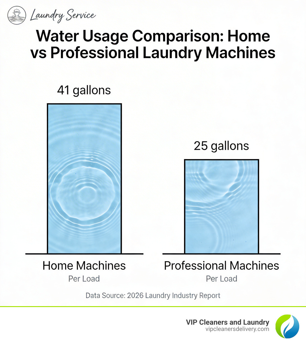 Chart comparing water usage: Home machines at 41 gallons vs professional machines at 25 gallons per load - laundry service