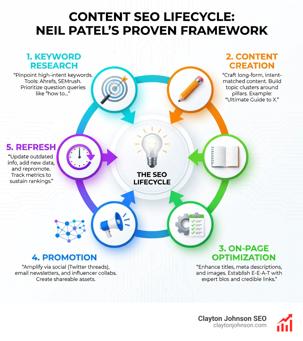 Content SEO lifecycle infographic showing keyword research, content creation, on-page optimization, promotion, and refresh stages Content SEO lifecycle infographic showing keyword research, content creation, on-page optimization, promotion, and refresh stages