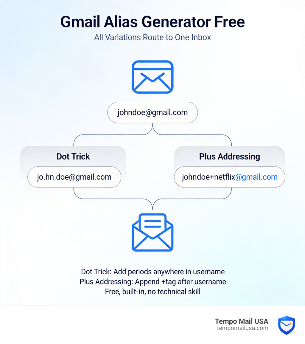 Infographic showing primary Gmail address branching into dot trick and plus alias variations, all routing to one inbox Infographic showing primary Gmail address branching into dot trick and plus alias variations, all routing to one inbox