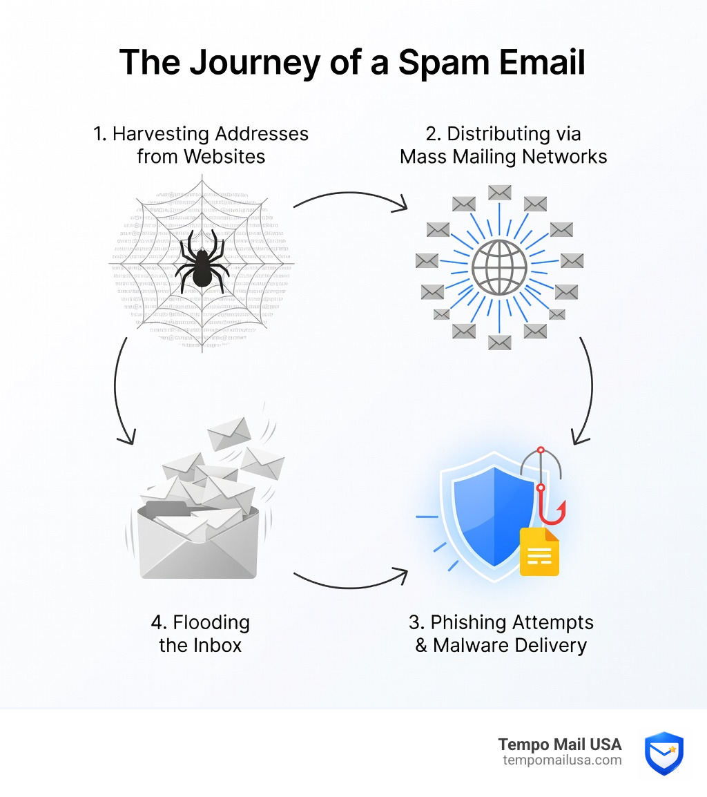 Lifecycle of a spam email from address harvesting to inbox flood infographic - spam avoidance temp mail infographic Lifecycle of a spam email from address harvesting to inbox flood infographic - spam avoidance temp mail infographic
