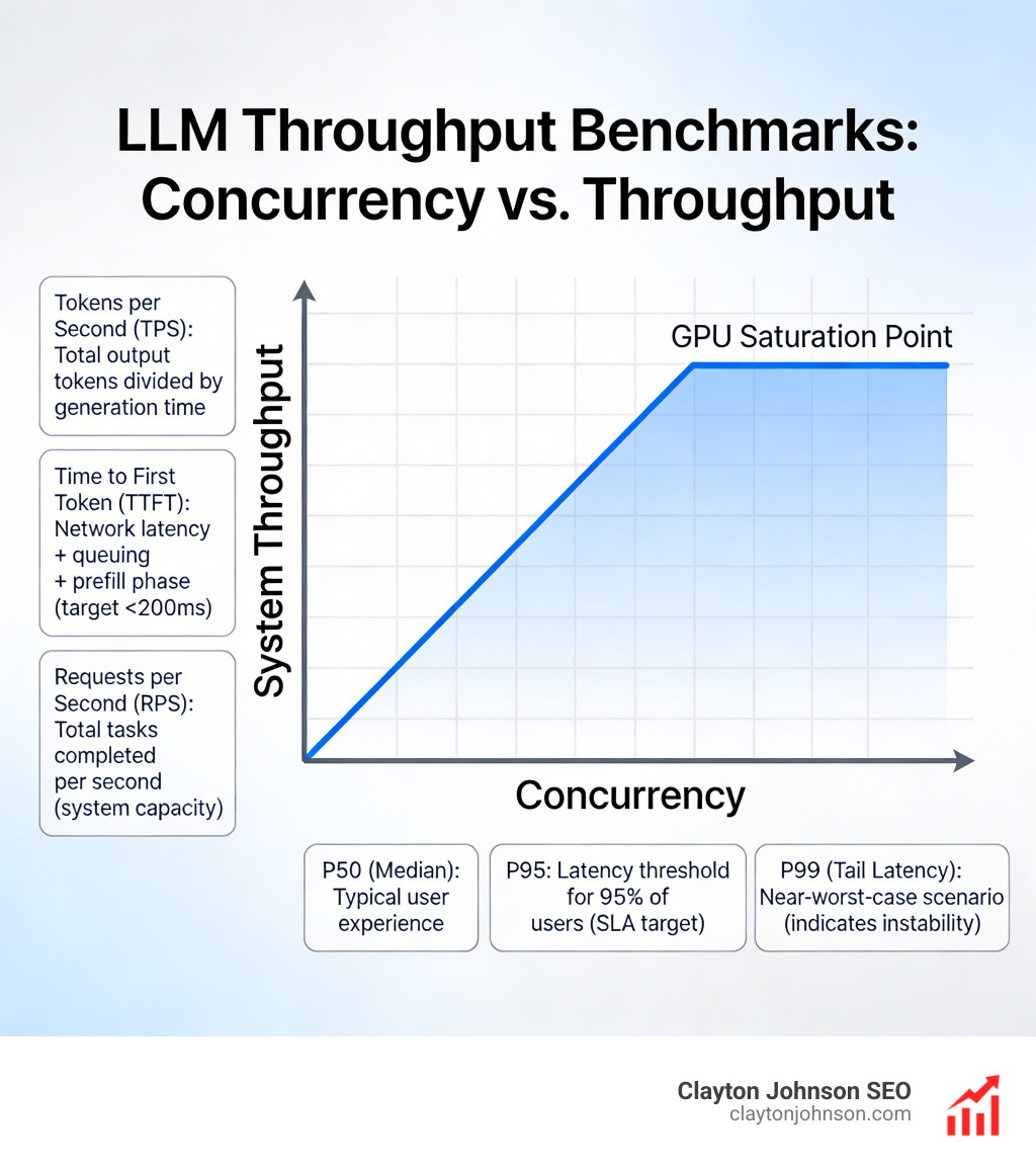Infographic showing system throughput increasing with concurrency until GPU saturation point - What LLM throughput Infographic showing system throughput increasing with concurrency until GPU saturation point - What LLM throughput