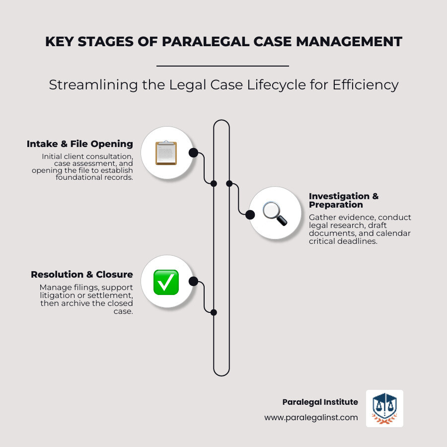Infographic showing the legal case lifecycle: intake and file opening, investigation and document gathering, calendaring deadlines and statutes, legal research and document drafting, court filings and litigation support, settlement or trial, and file closure and archiving - paralegal case management infographic 