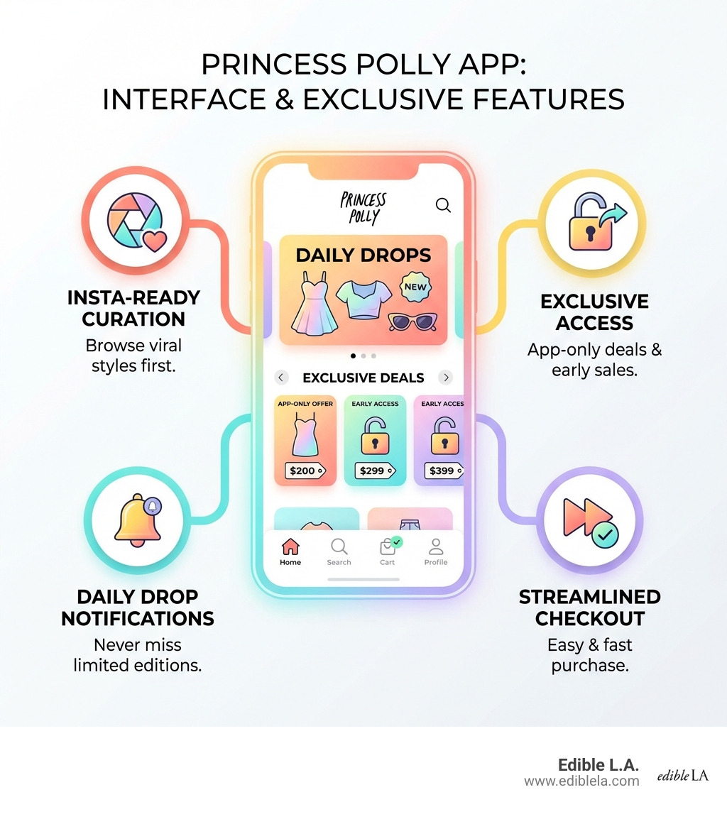 Princess Polly mobile app interface and exclusive shopping features - princess polly infographic 