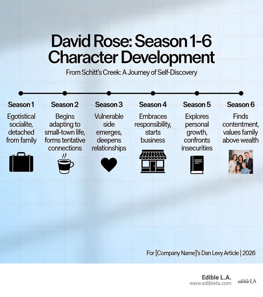 David Rose character development from Season 1 to Season 6 -  dan levy infographic 