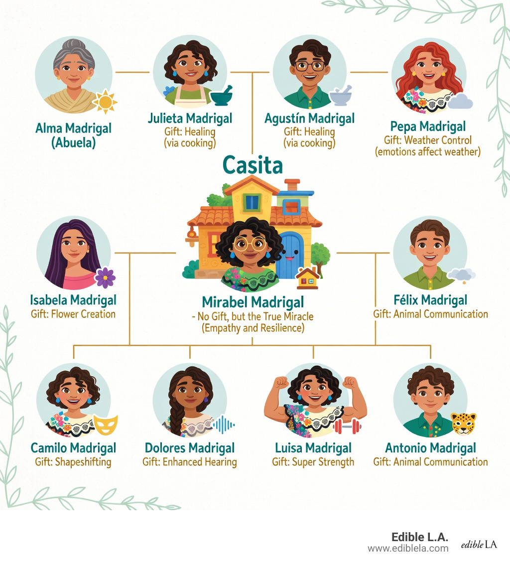 Madrigal family tree infographic with gifts and character roles - mirabel encanto infographic 