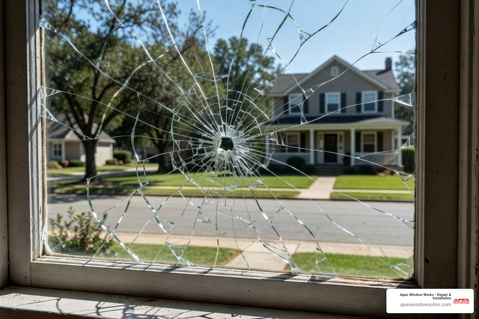 A person wearing safety gloves and goggles carefully removing a broken glass shard from a window frame - broken window pane repair