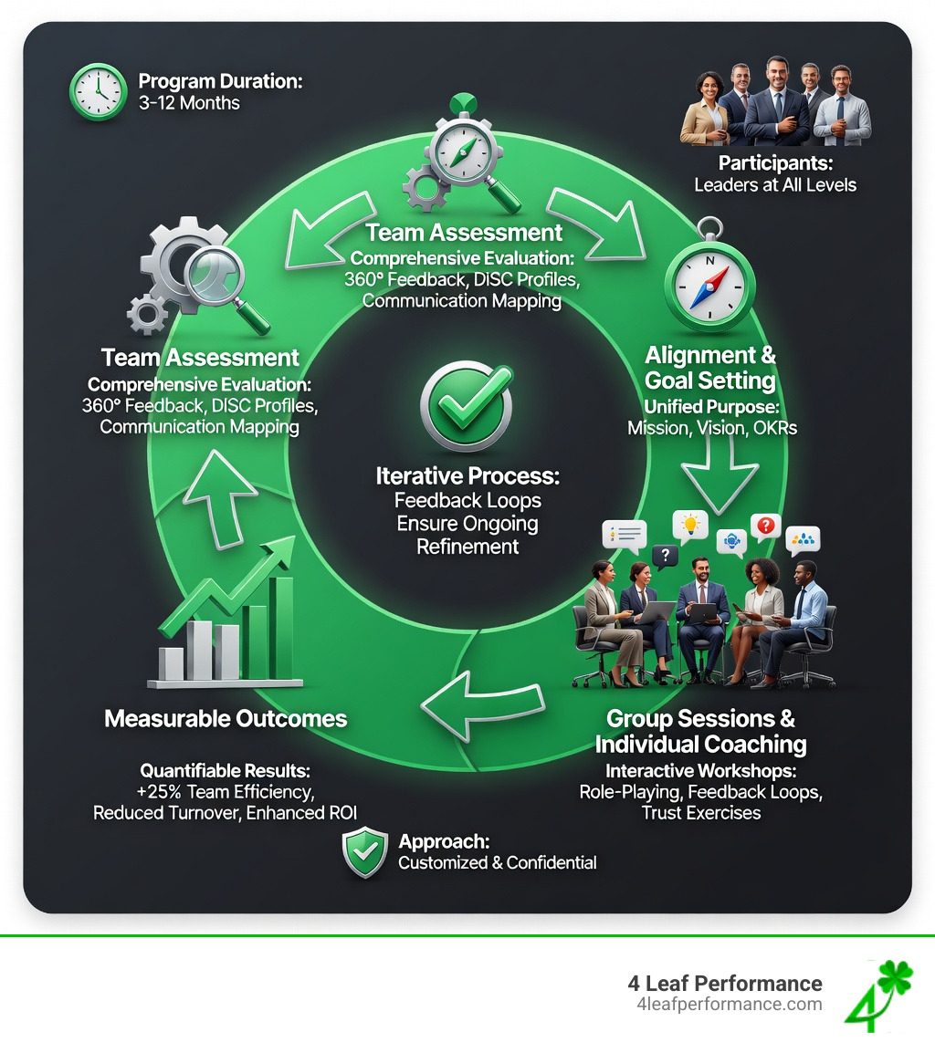 Coaching journey infographic showing team assessment, alignment, group sessions, and measurable outcomes - executive