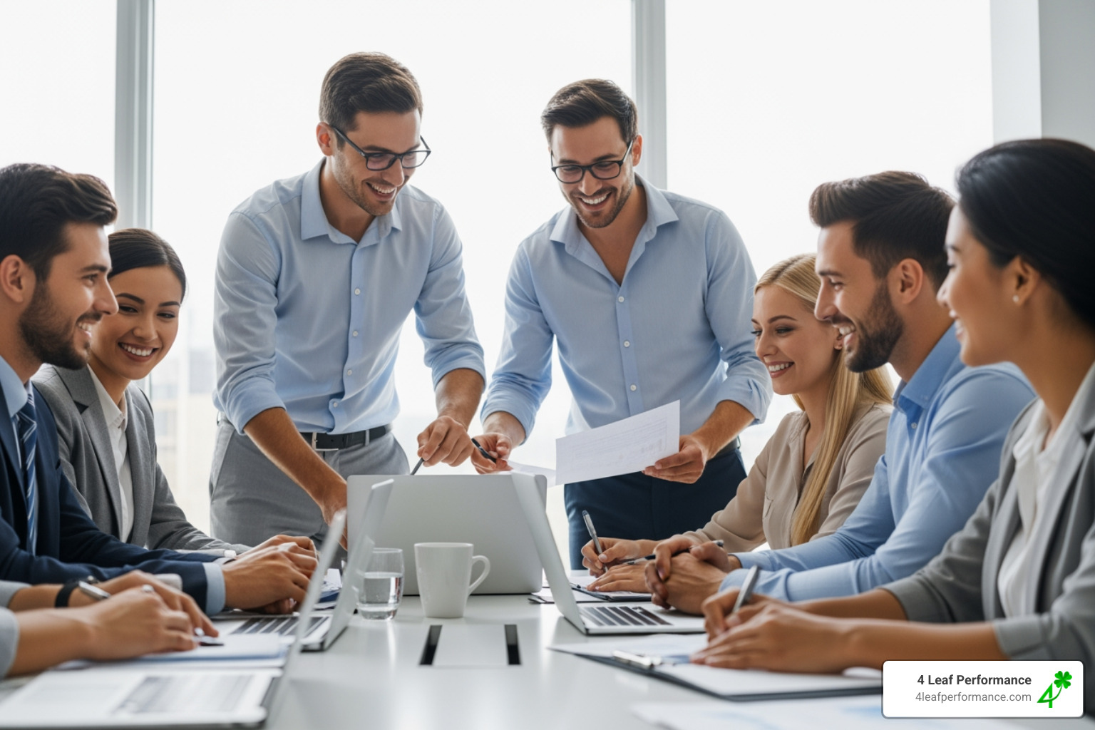 A happy team sitting around a table, smiling and working on a shared project together - executive coaching for teams