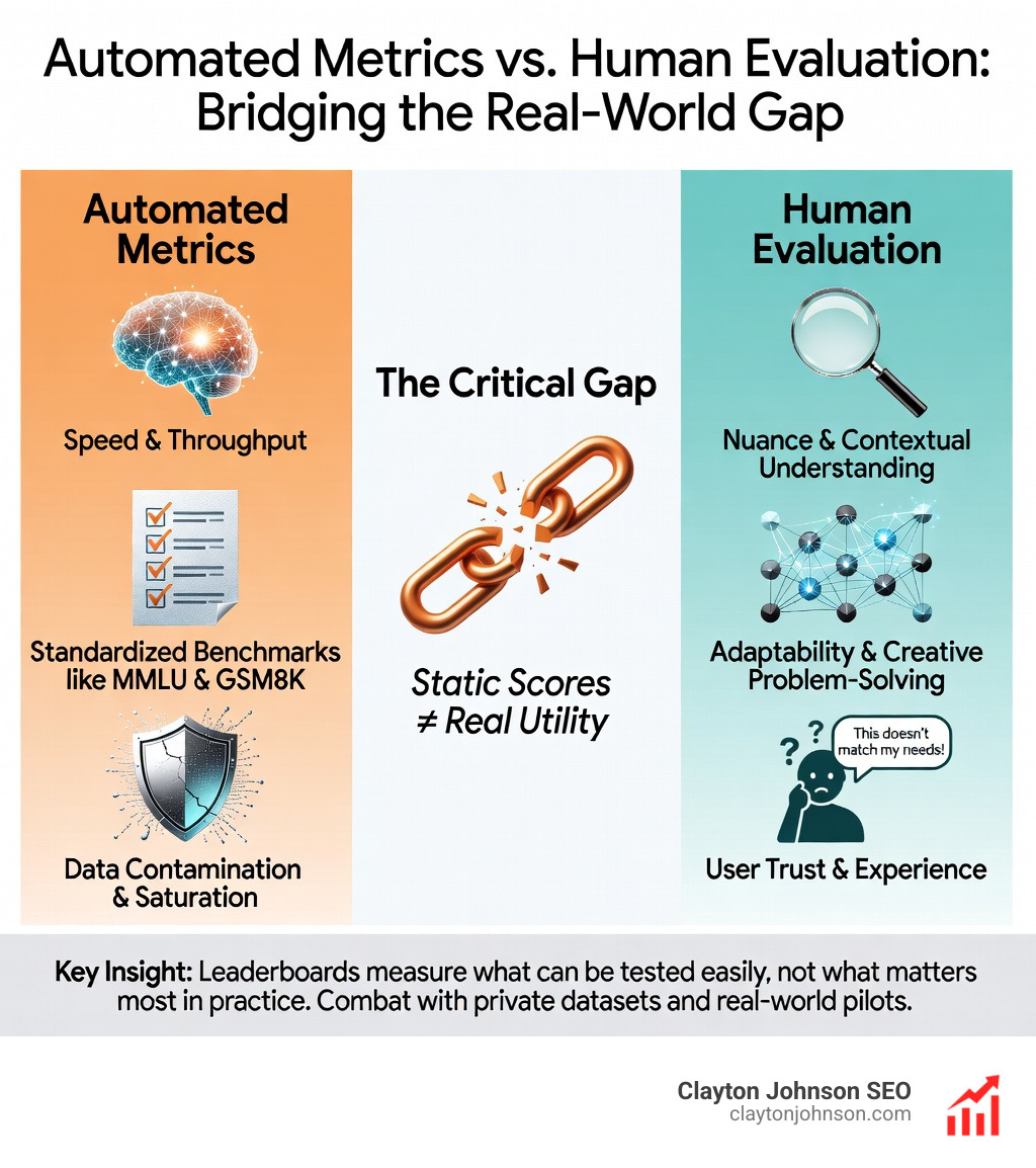Table comparing automated metrics vs human evaluation - LLM benchmark leaderboards explained infographic Table comparing automated metrics vs human evaluation - LLM benchmark leaderboards explained infographic