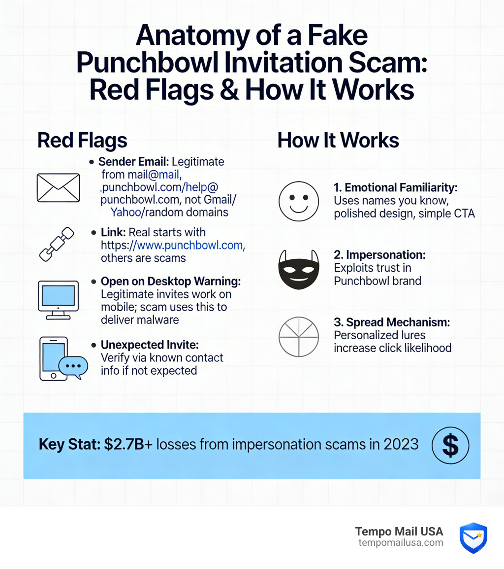 Anatomy of a fake Punchbowl invitation scam - red flags and how it works - punchbowl invitation scam infographic Anatomy of a fake Punchbowl invitation scam - red flags and how it works - punchbowl invitation scam infographic