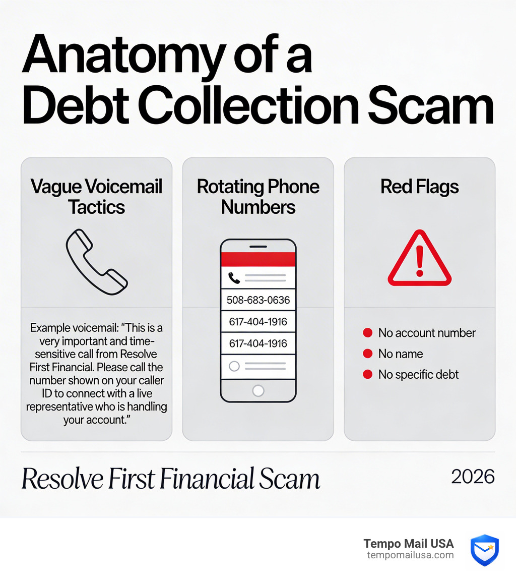 Anatomy of a debt collection scam infographic showing vague voicemail tactics rotating phone numbers and red flags - resolve Anatomy of a debt collection scam infographic showing vague voicemail tactics rotating phone numbers and red flags - resolve