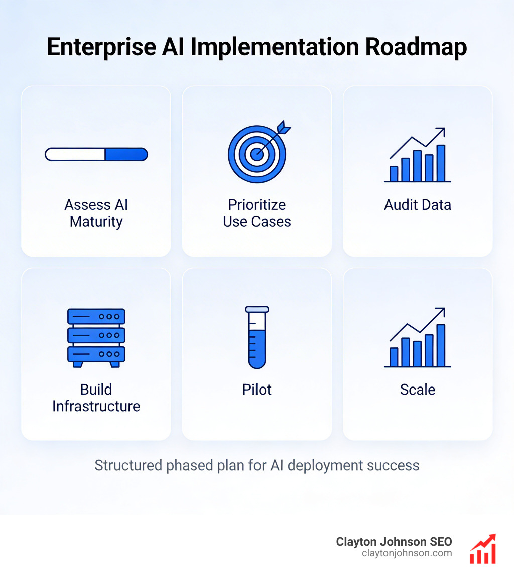 Enterprise AI implementation roadmap phases: assess maturity, prioritize use cases, audit data, build infrastructure, pilot