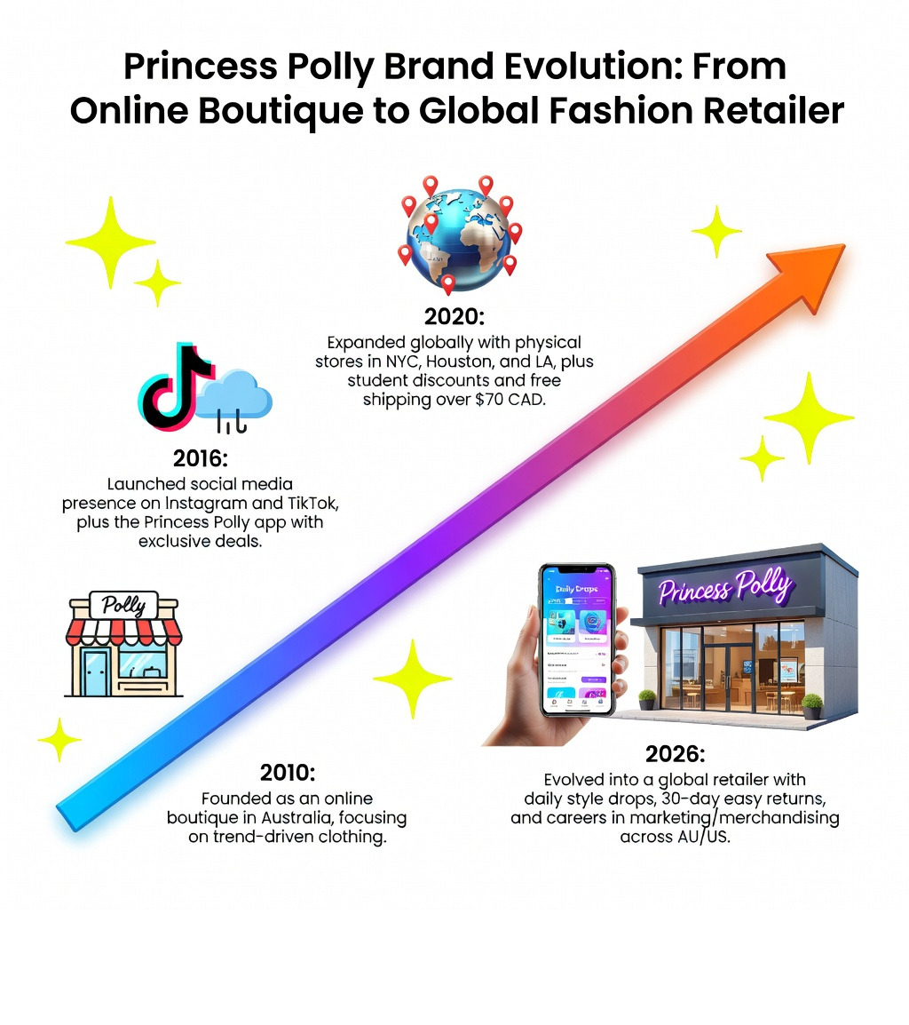 Princess Polly brand evolution from online boutique to global fashion retailer infographic - princess polly infographic Princess Polly brand evolution from online boutique to global fashion retailer infographic - princess polly infographic