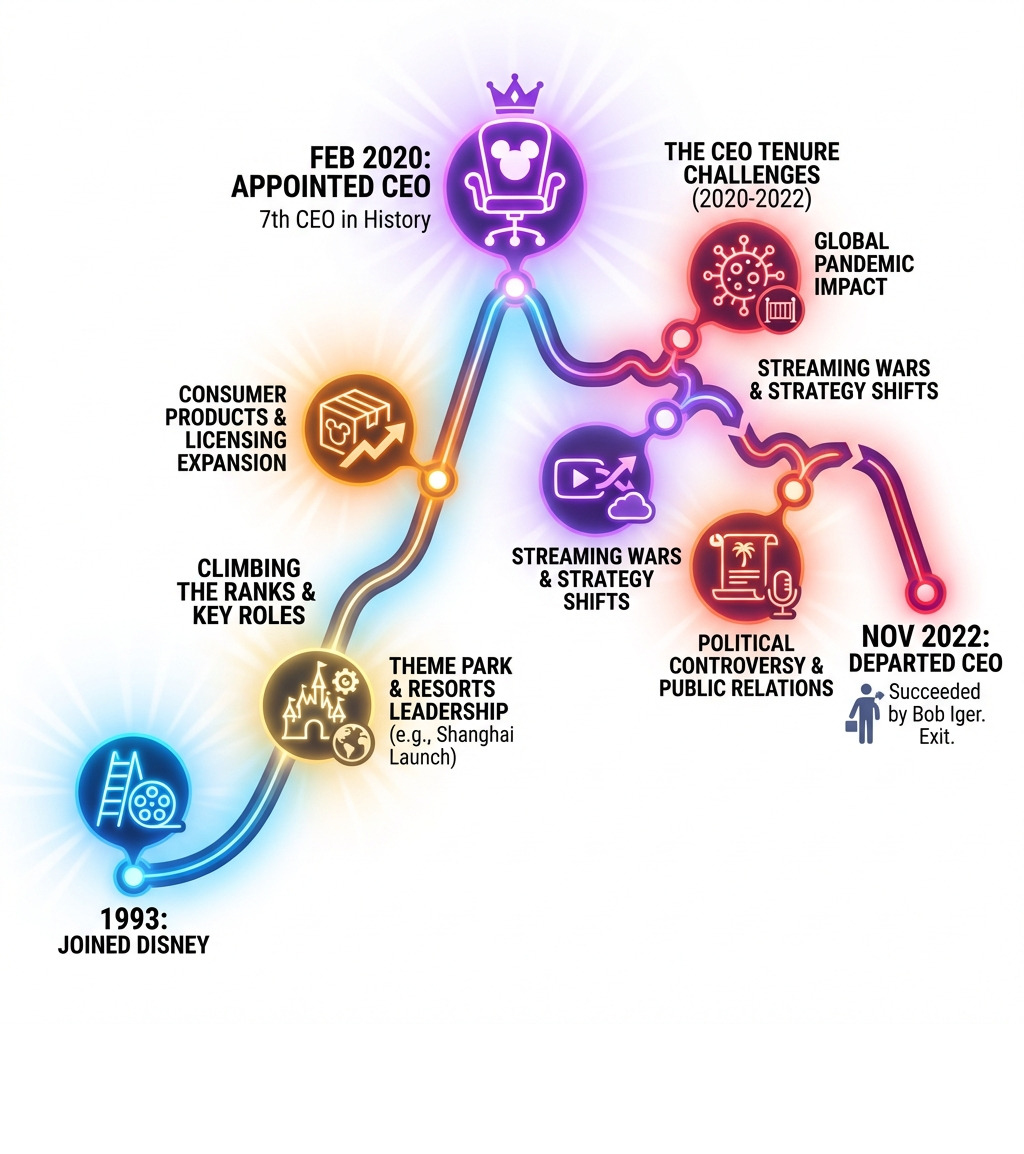 Bob Chapek Disney executive career timeline infographic from 1993 to 2022 - bob chapek infographic 