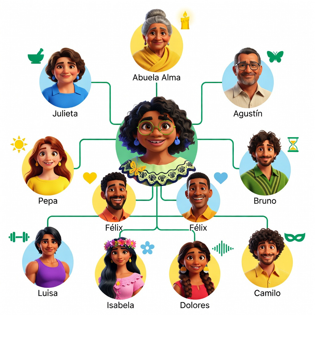 Mirabel Madrigal Madrigal family tree infographic with gifts and relationships - mirabel encanto infographic 