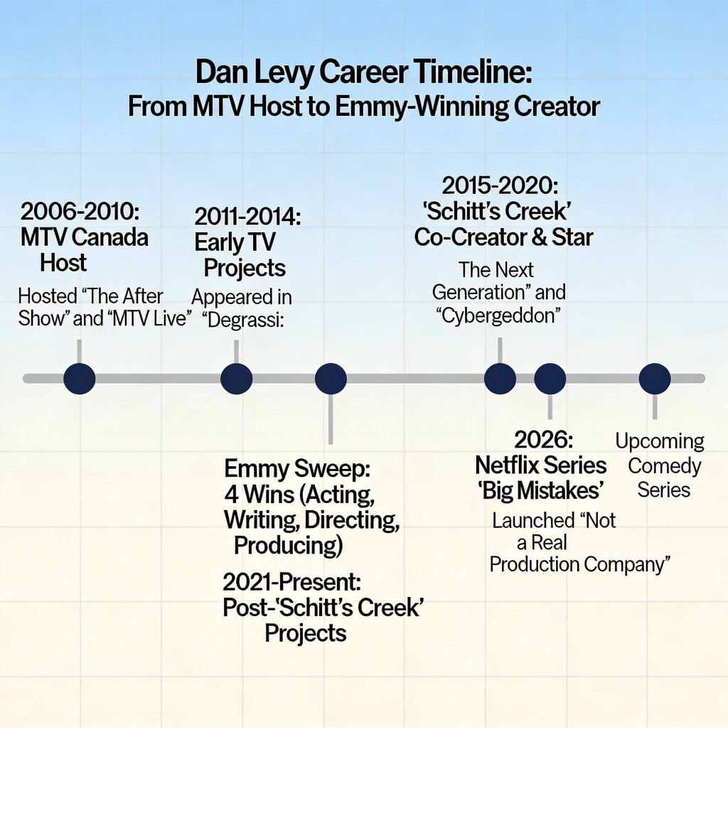 Dan Levy career timeline infographic from MTV host to Emmy-winning creator - dan levy infographic Dan Levy career timeline infographic from MTV host to Emmy-winning creator - dan levy infographic