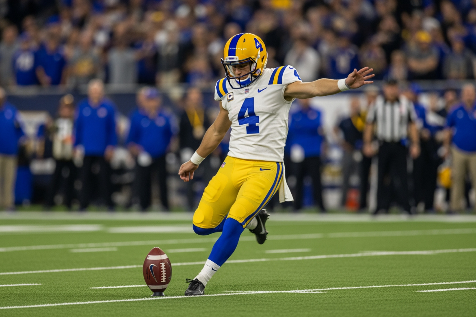 Jake Moody kicking a field goal at Michigan Stadium during a home game - jake moody