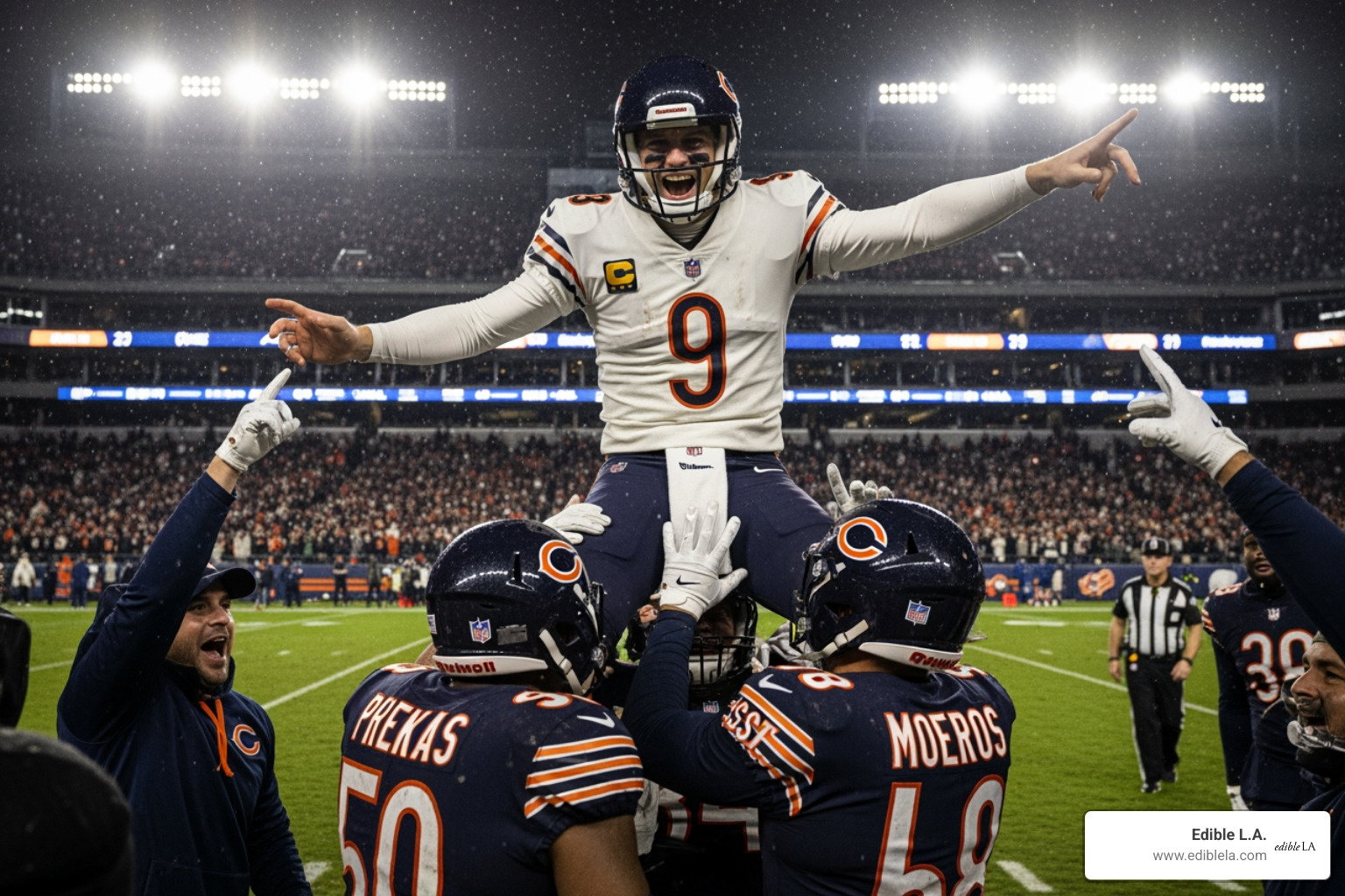 Jake Moody celebrating his game-winning walk-off field goal with Bears teammates - jake moody Jake Moody celebrating his game-winning walk-off field goal with Bears teammates - jake moody