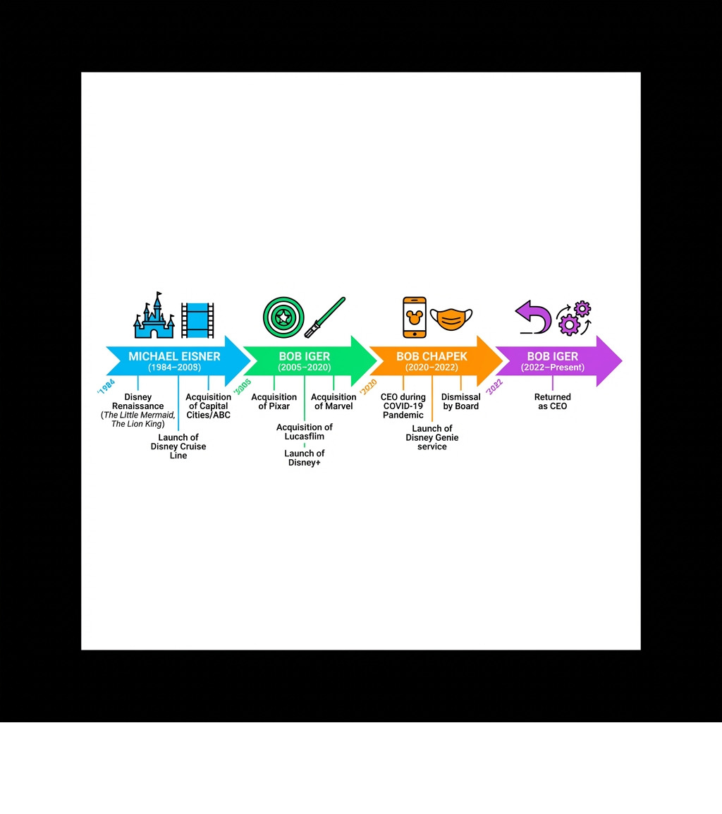 Disney CEO timeline infographic from Michael Eisner to Bob Iger showing key milestones - bob chapek infographic 