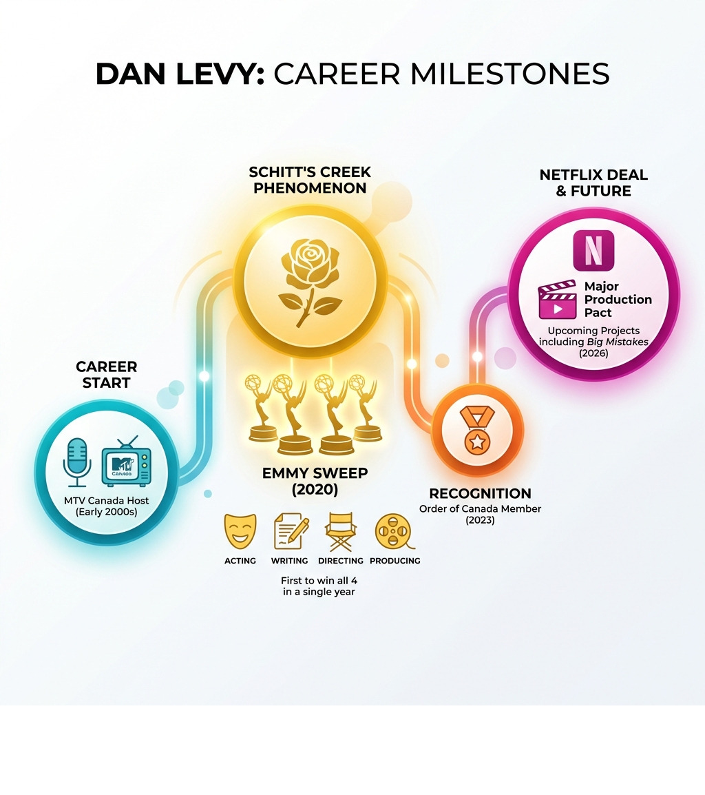 Dan Levy career milestones from MTV Canada hosting to Emmy wins and Netflix deal - dan levy infographic Dan Levy career milestones from MTV Canada hosting to Emmy wins and Netflix deal - dan levy infographic