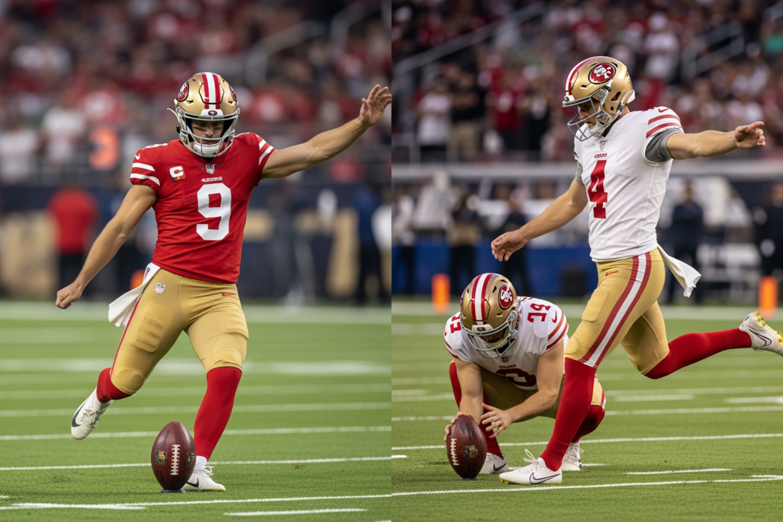 Jake Moody kicking for the San Francisco 49ers during his rookie season - jake moody