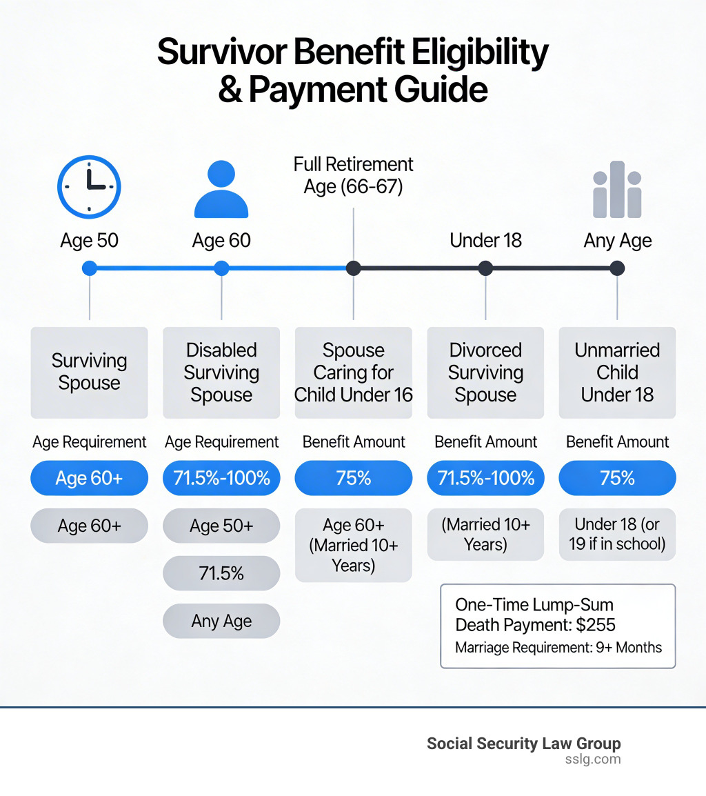 Infographic showing survivor benefit eligibility timeline and payment percentages by age and relationship - collecting
