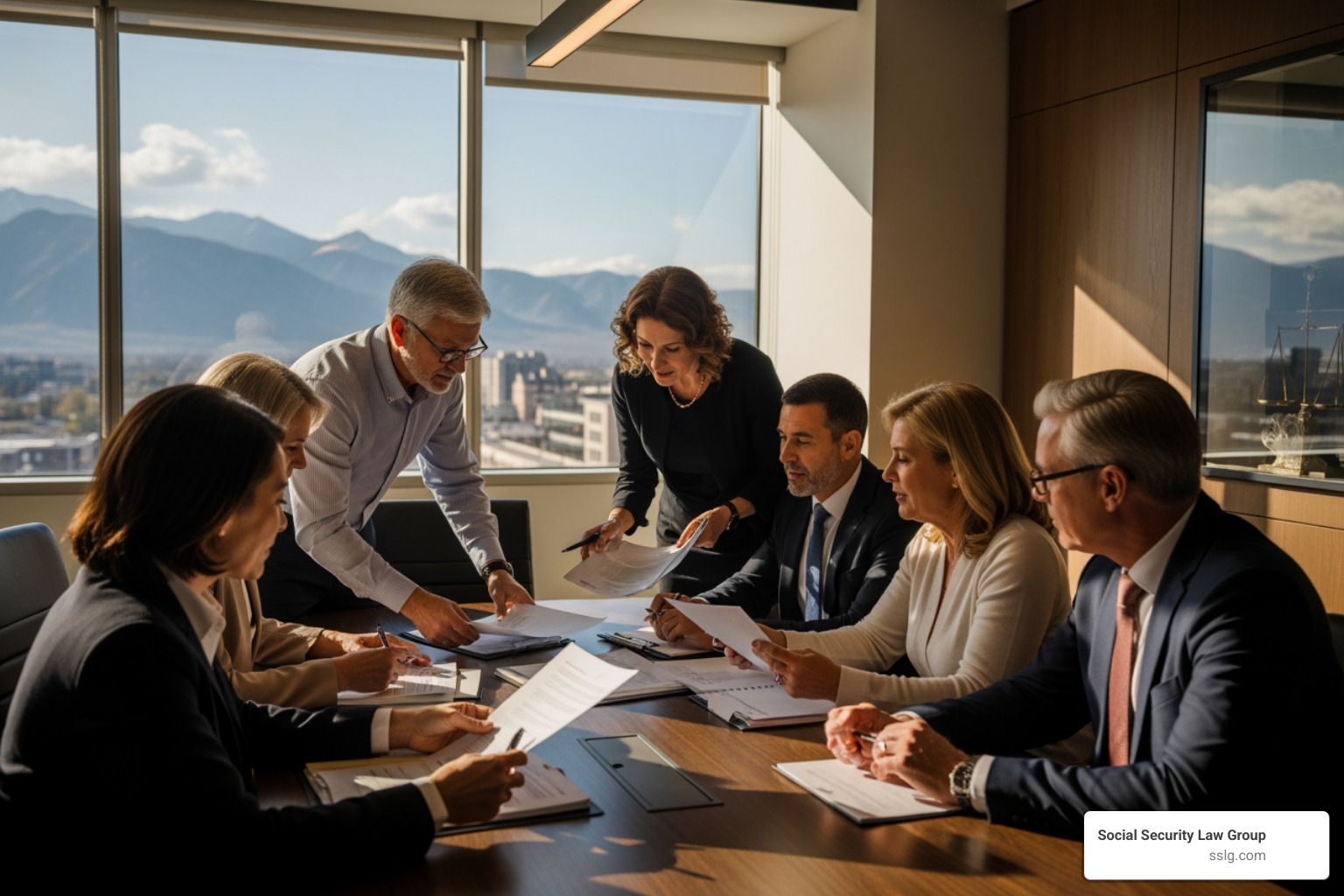 A legal consultation taking place in a modern Denver office with a view of the mountains - Who are the best disability