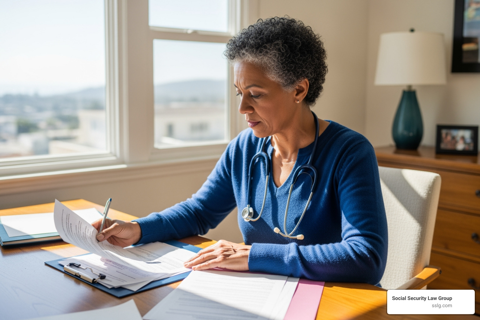 Active person in their 60s reviewing medical documents at a desk - disability san diego ca