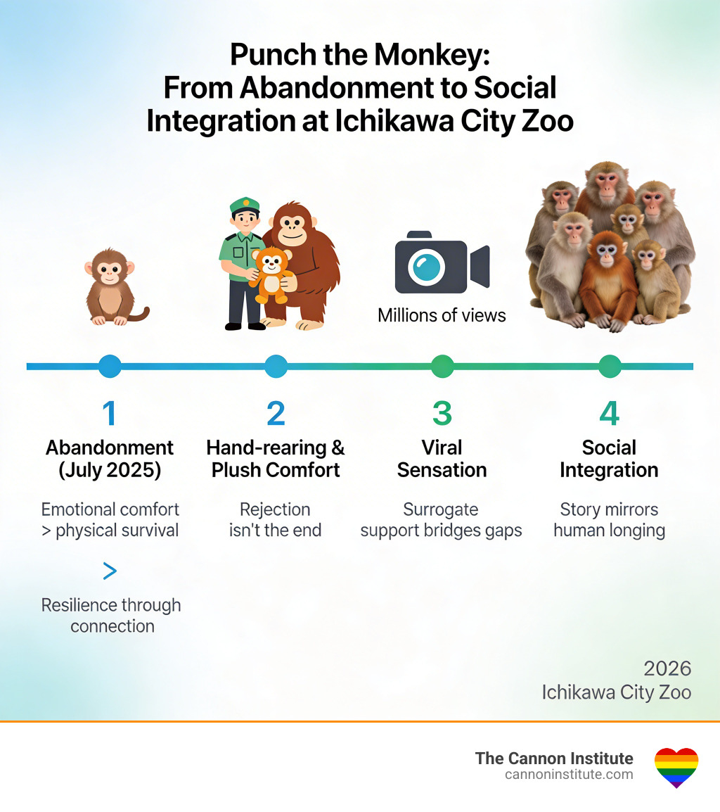 Timeline infographic: Punch the monkey's journey from abandonment to social integration at Ichikawa City Zoo - Punch the