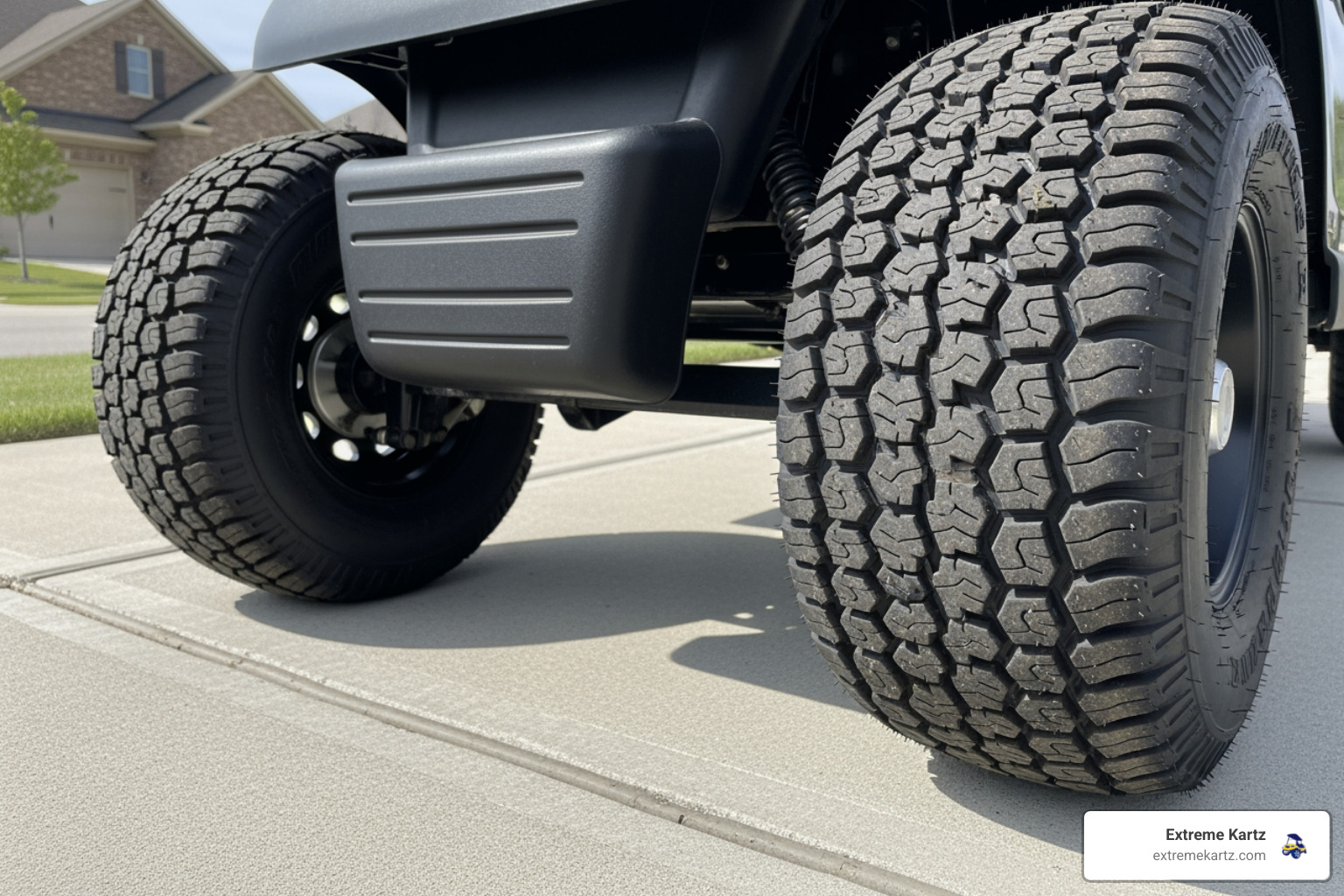 golf cart tires close-up on driveway with visible tread detail - tires for golf cart