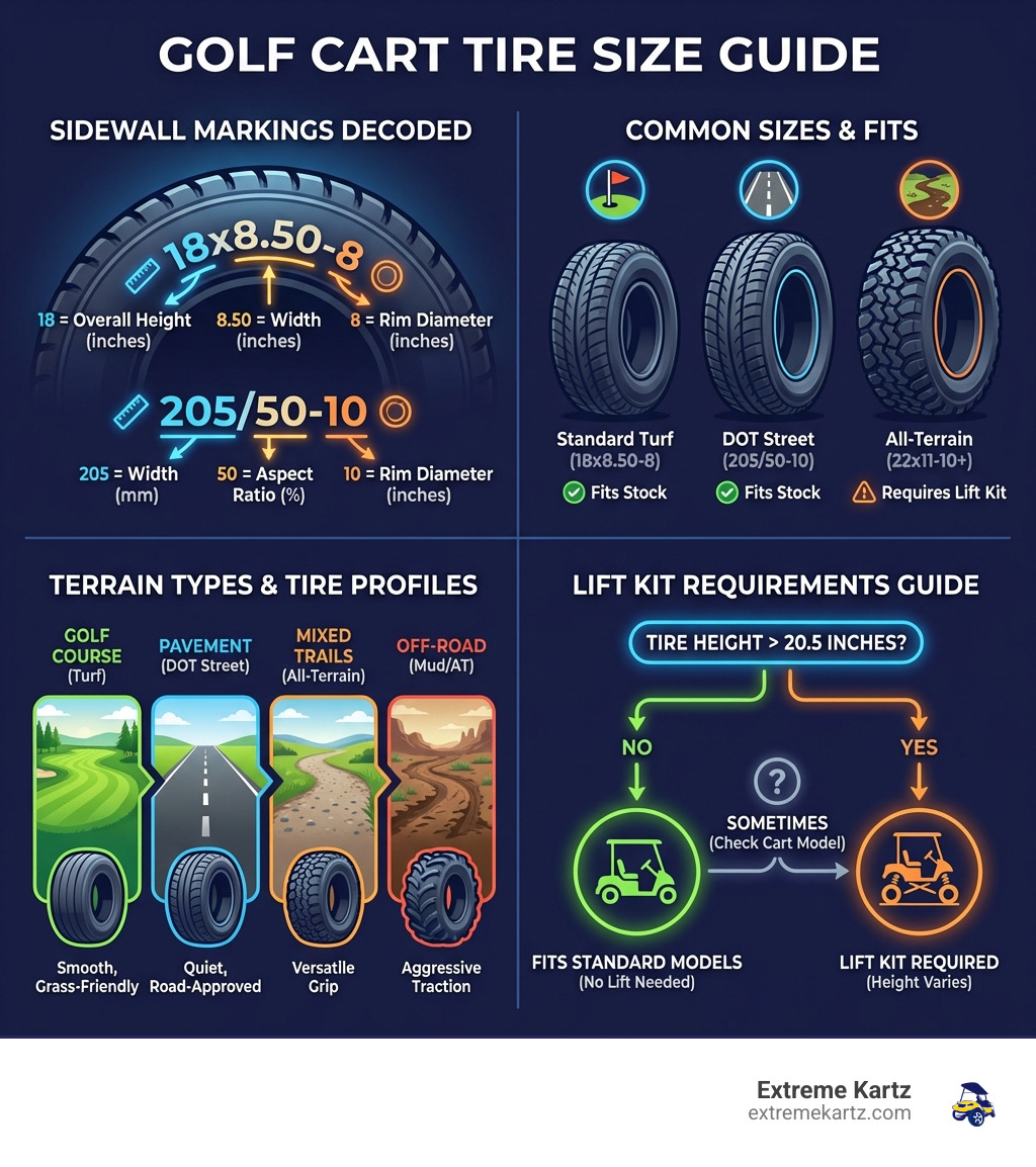 Golf cart tire size guide infographic showing sidewall markings, common sizes, terrain types, and lift kit requirements