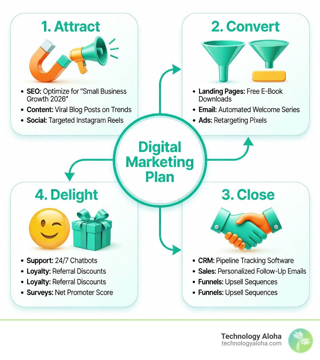 4-phase customer journey infographic: Attract, Convert, Close, Delight with icons and teal color scheme - digital marketing