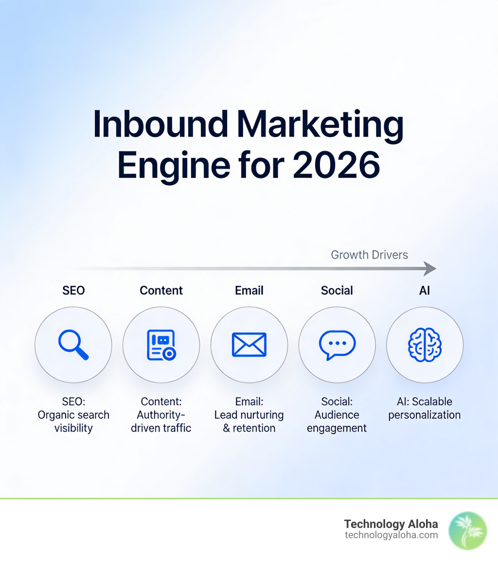 Inbound marketing engine for 2026 showing SEO, content, email, social, and AI channels driving growth - business growth web