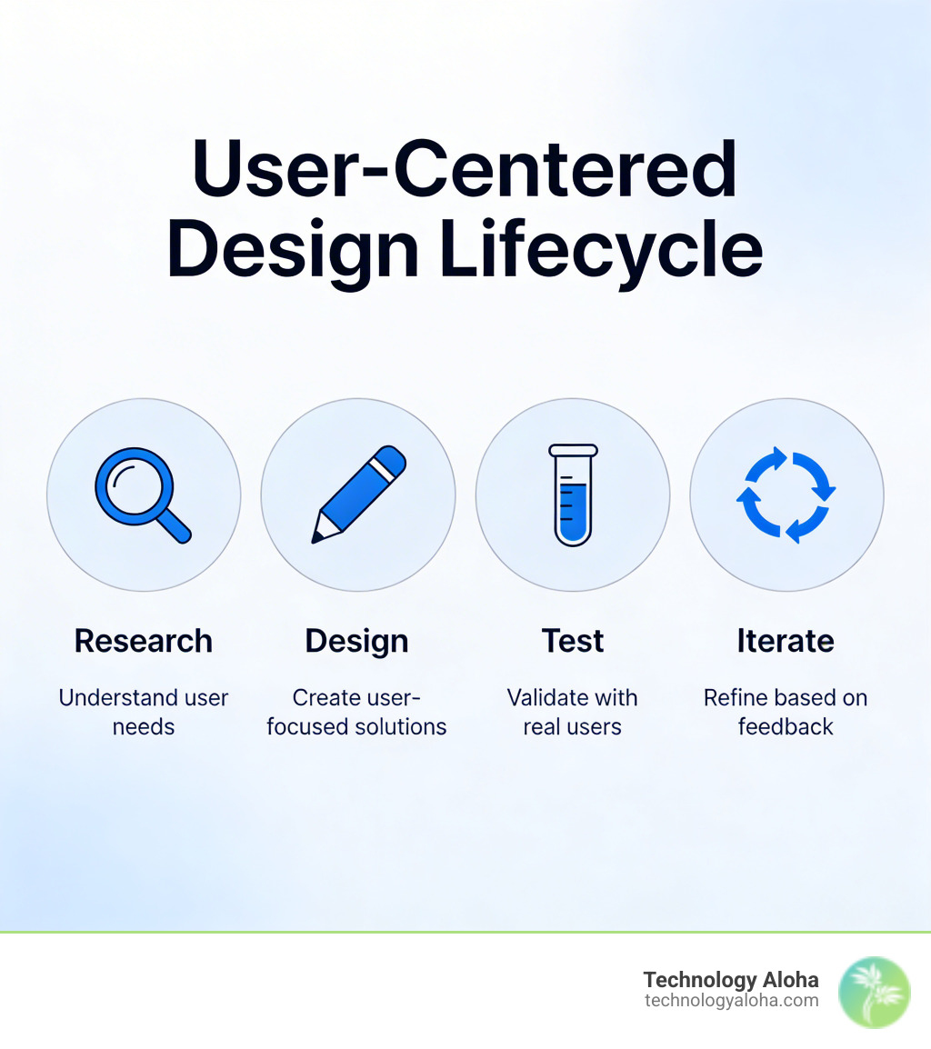 User-centered design lifecycle infographic with research, design, test, and iterate stages - user centric website design